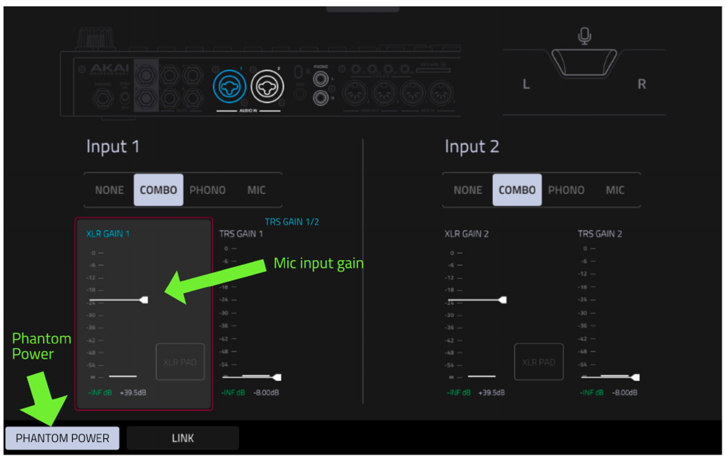 Экран INPUT на MPC Live 3: PHANTOM POWER и усиление микрофонного входа