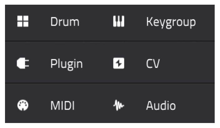 Типы треков: Drum, Keygroup, Plugin, CV, MIDI, Audio