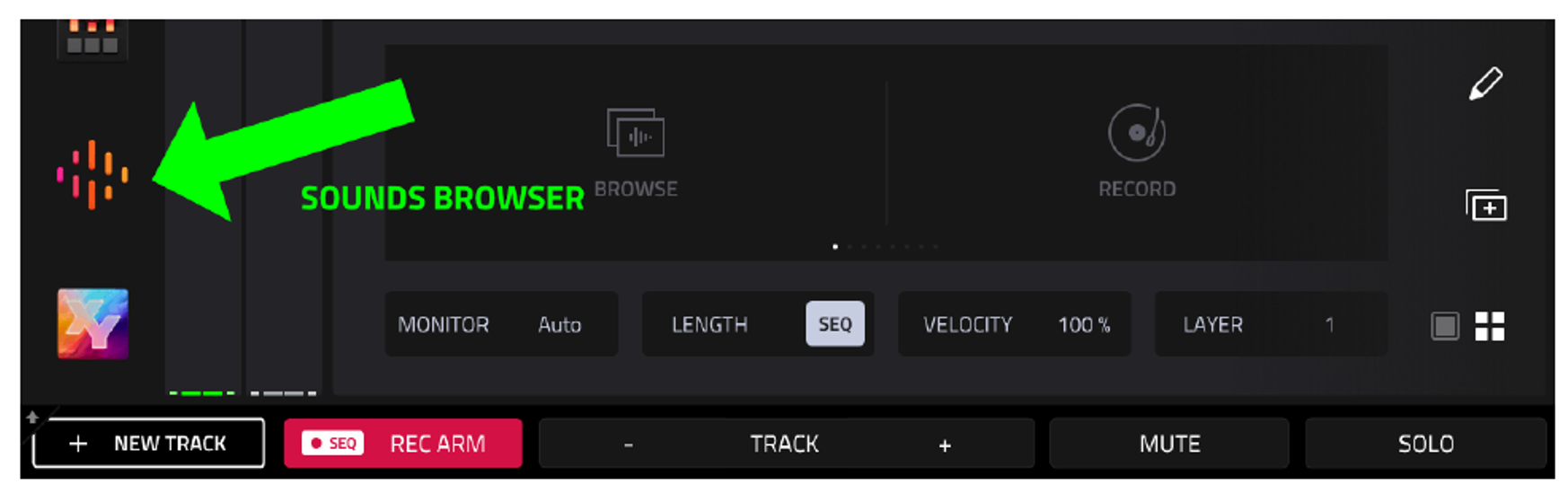 Значок SOUNDS BROWSER в левой части экрана MAIN