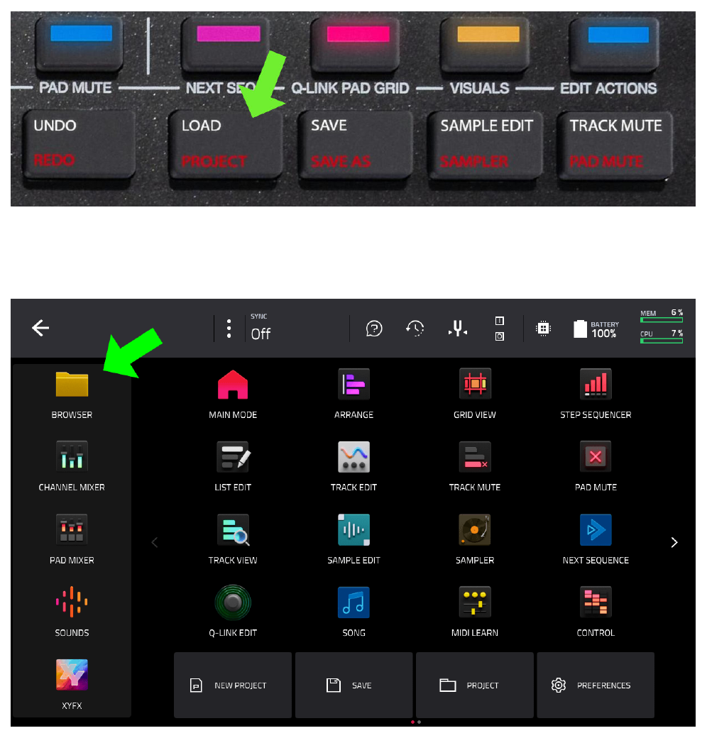 Кнопка LOAD и пункт BROWSER в меню