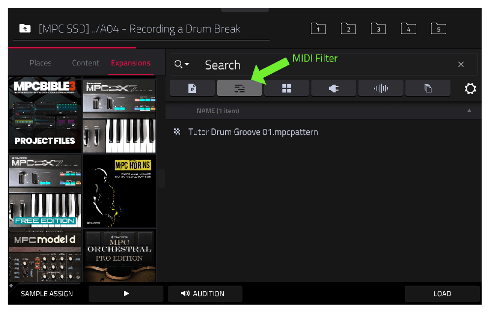 Фильтр MIDI и файл Tutor Drum Groove 01.mpcpattern