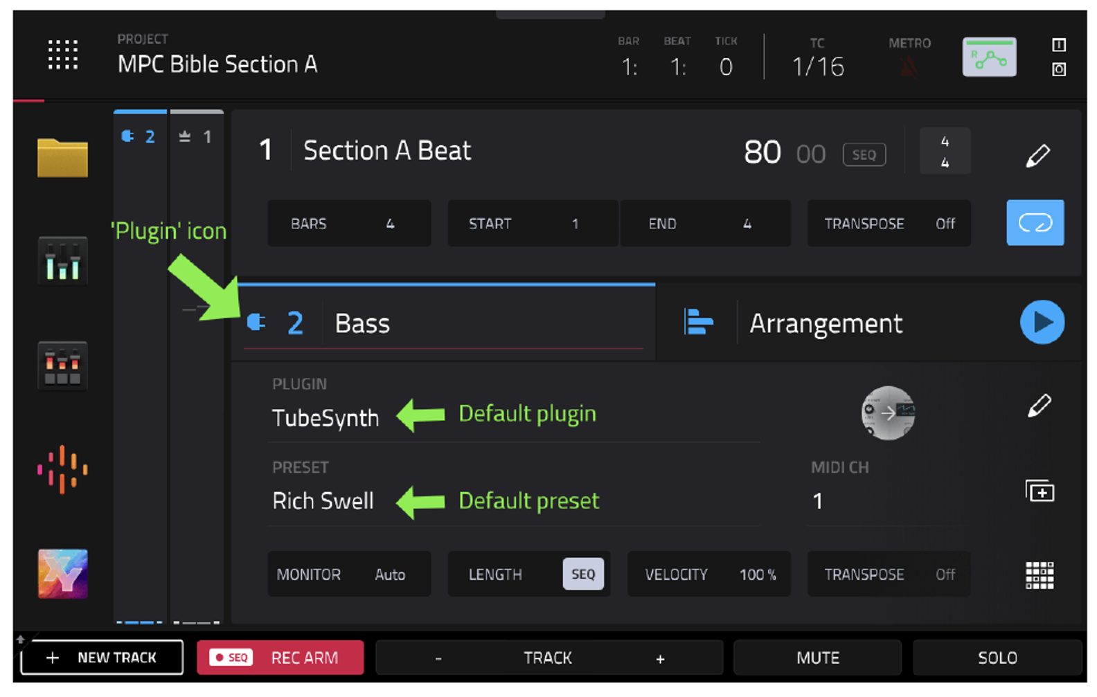 Трек Bass с иконкой Plugin, TubeSynth и пресетом Rich Swell