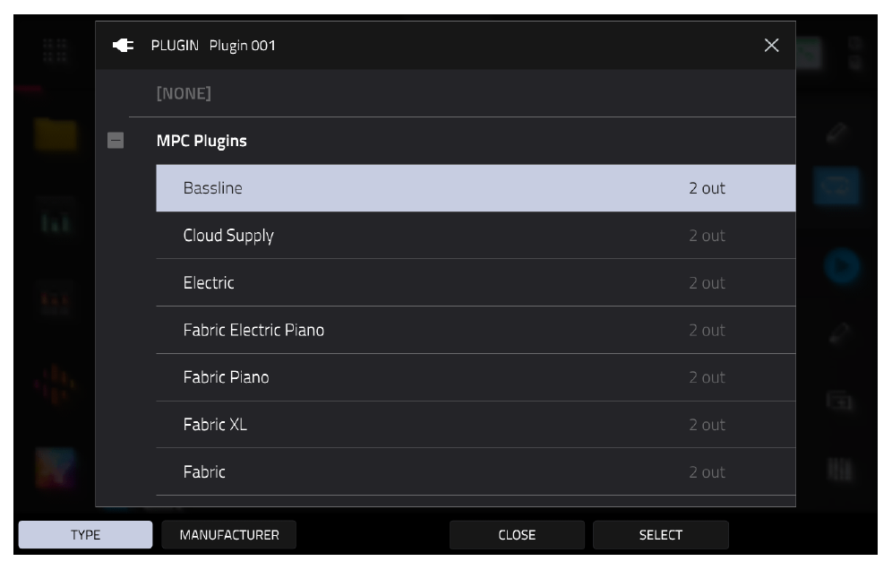 Список MPC Plugins, выбран Bassline