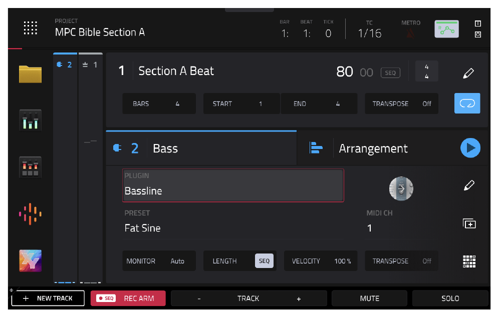 Трек Bass с плагином Bassline и пресетом Fat Sine