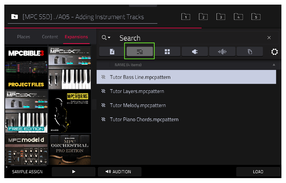 Фильтр MIDI и файл Tutor Bass Line.mpcpattern в папке A05