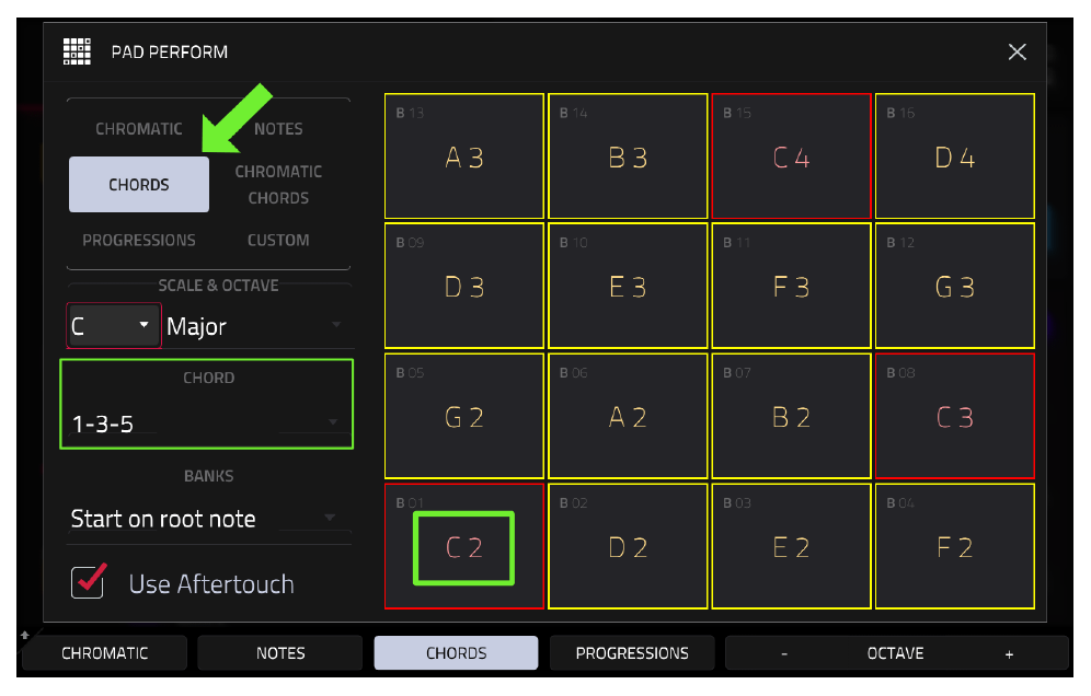 PAD PERFORM в режиме CHORDS, пэд A01 играет C2