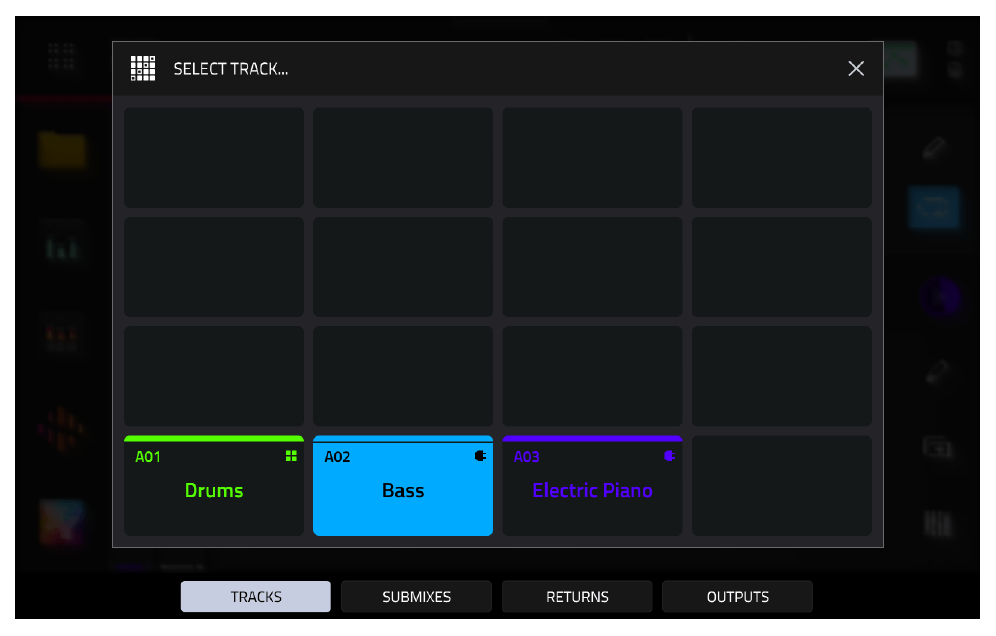 Окно SELECT TRACK: Drums, Bass, Electric Piano
