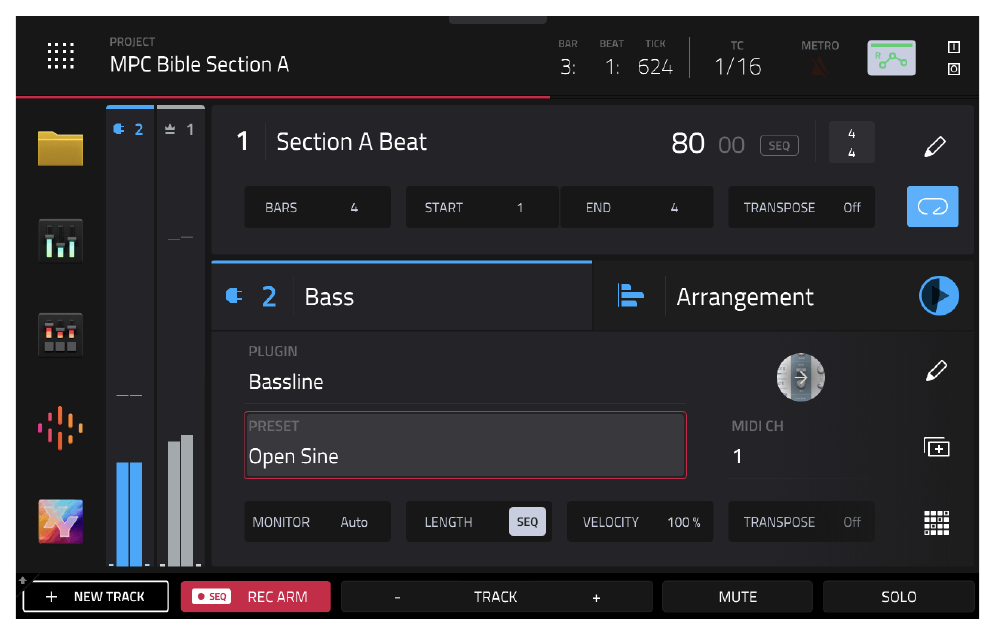 Трек Bass с пресетом Open Sine