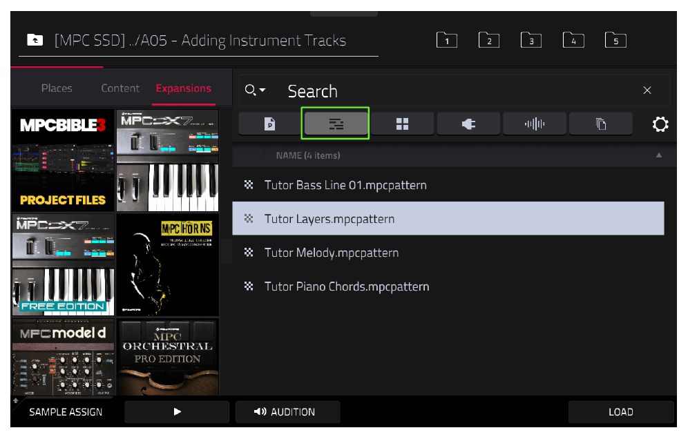 Фильтр MIDI и файл Tutor Layers.mpcpattern