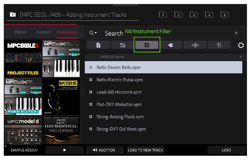 Фильтр Kit/Instrument и список инструментов в папке A05