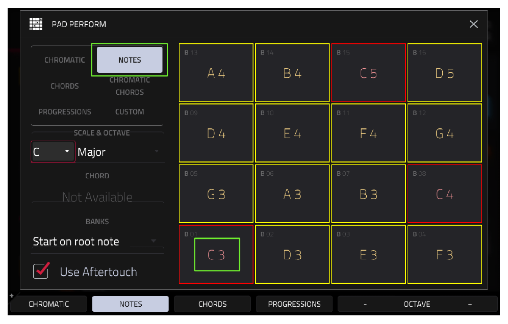 PAD PERFORM в режиме NOTES, пэд A01 играет C3