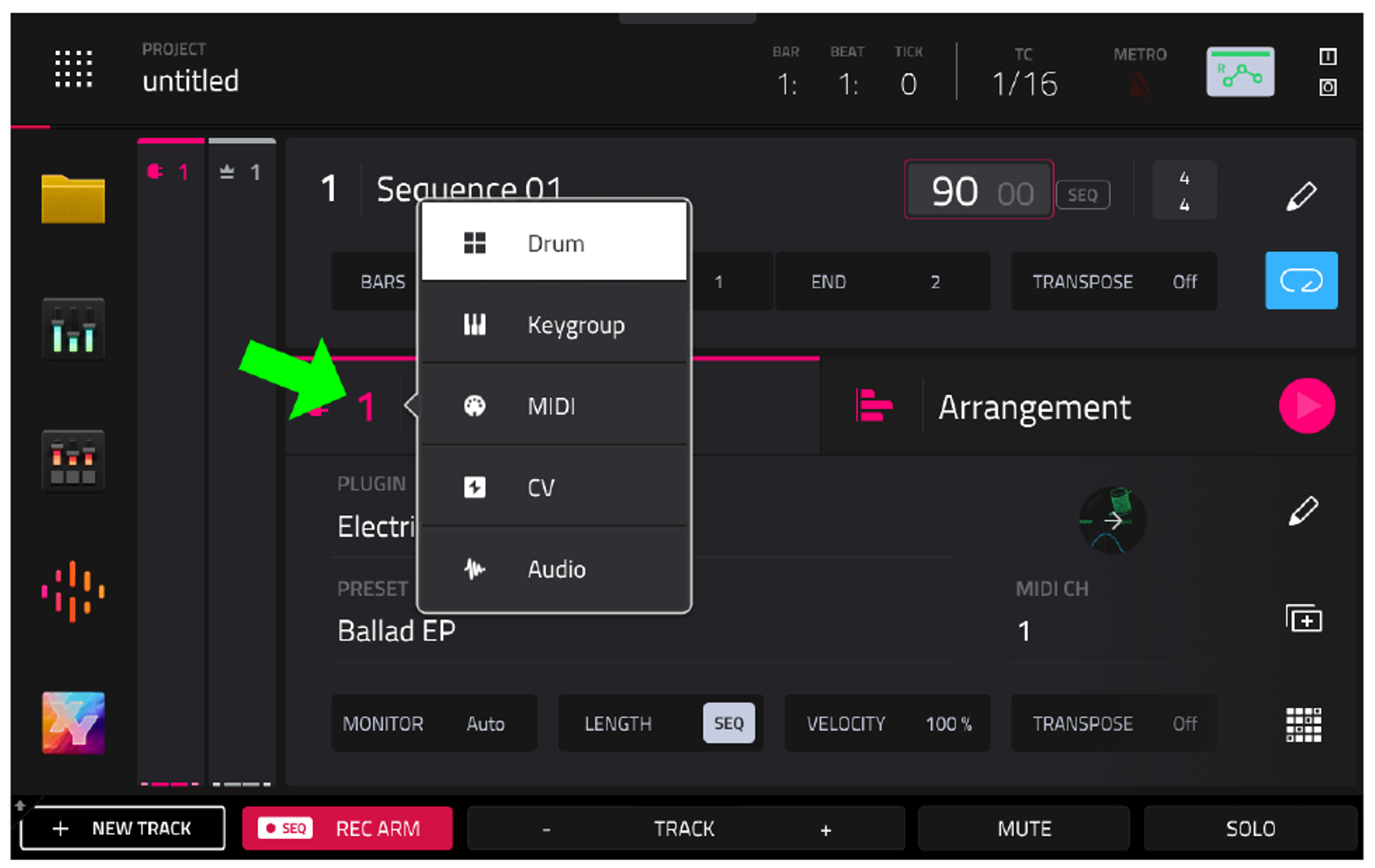 Диалог типа трека: Drum, Keygroup, MIDI, CV, Audio