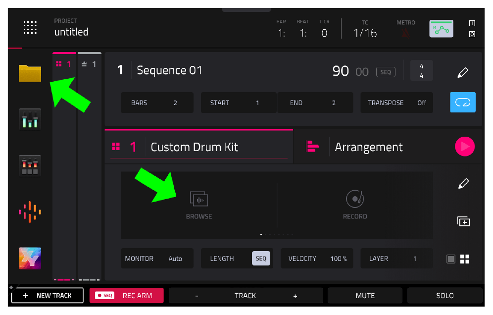 Трек Custom Drum Kit и кнопка BROWSE на экране MAIN
