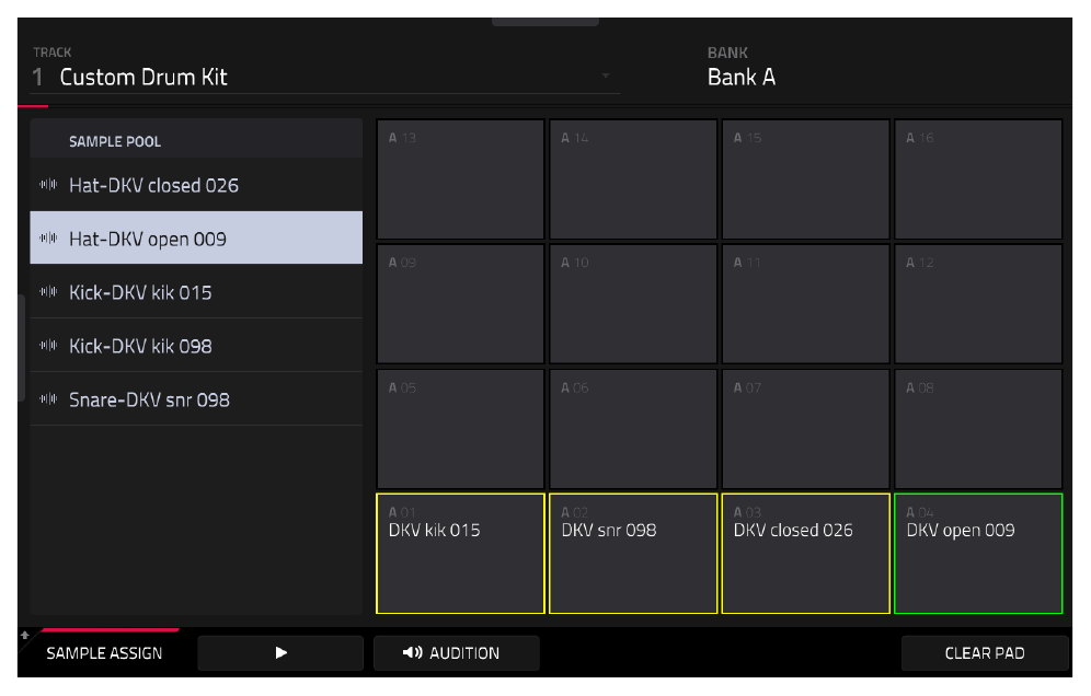 SAMPLE ASSIGN: kick, snare, closed hat и open hat на A01–A04