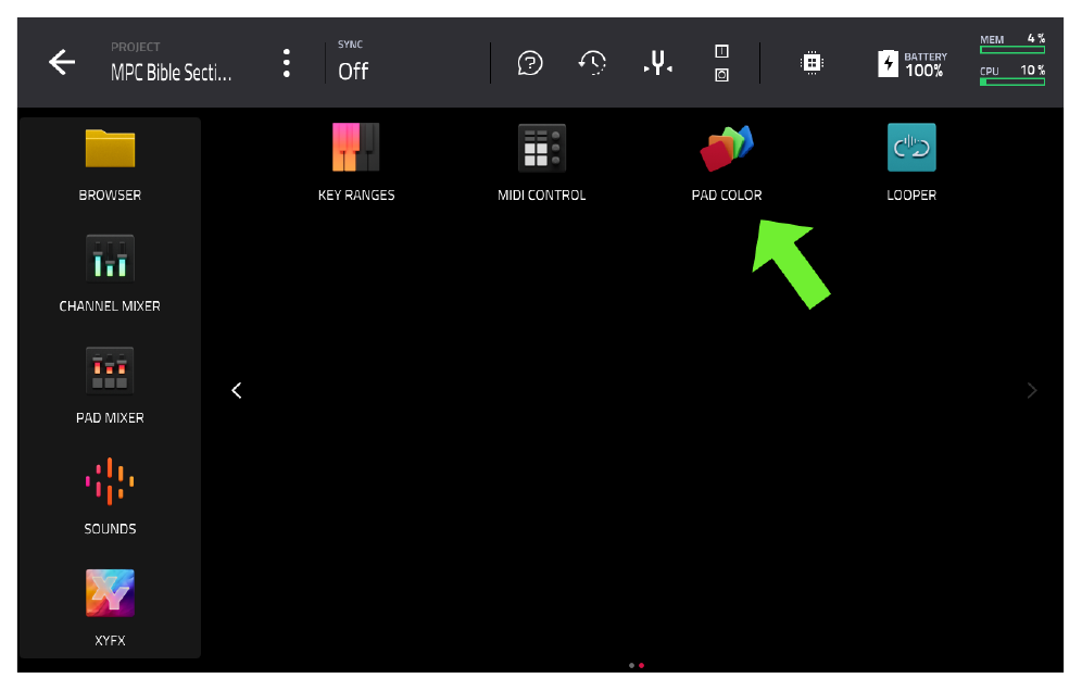 Вторая страница MENU: иконка PAD COLOR