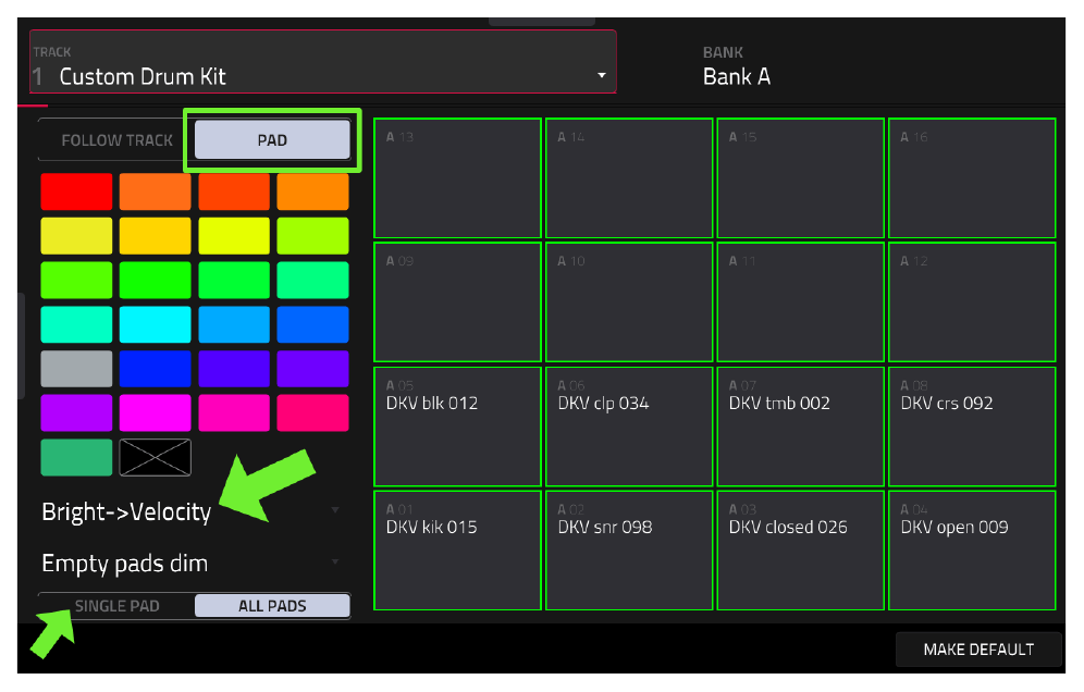 Экран PAD COLOR: PAD, SINGLE PAD, Bright->Velocity