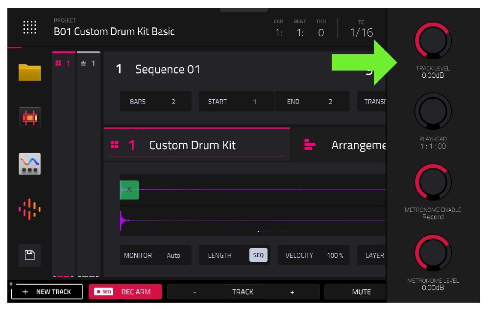 Q-LINK STATUS на MAIN: TRACK LEVEL, PLAYHEAD, METRONOME ENABLE, METRONOME LEVEL
