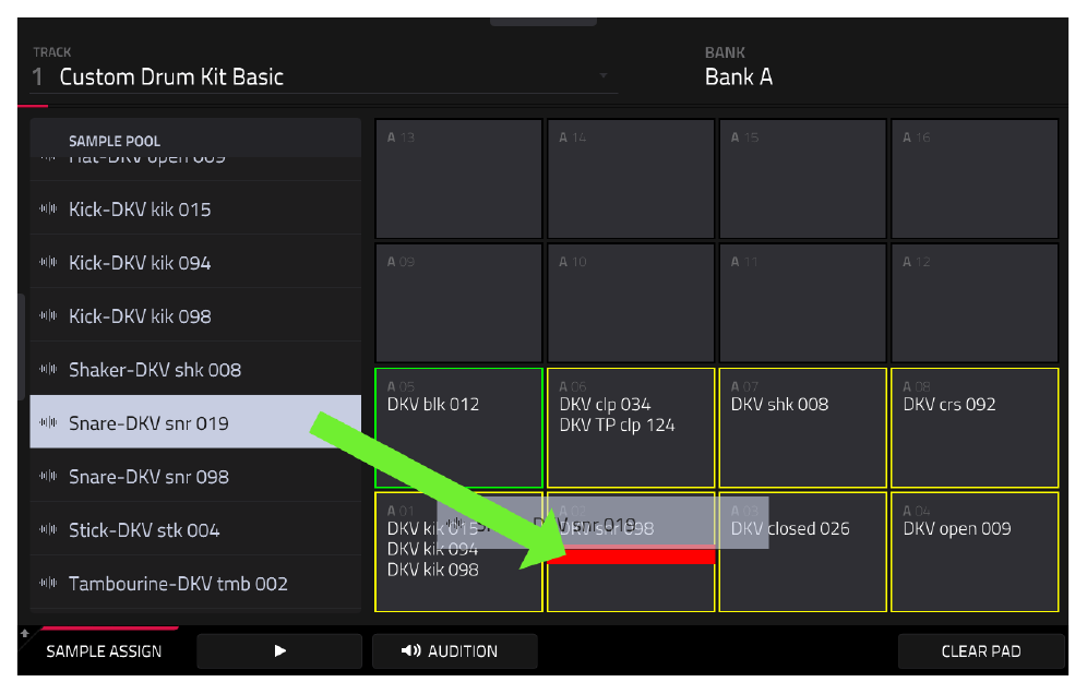 SAMPLE ASSIGN: SHIFT-перетаскивание, красная полоса Layer 2 на пэде A02