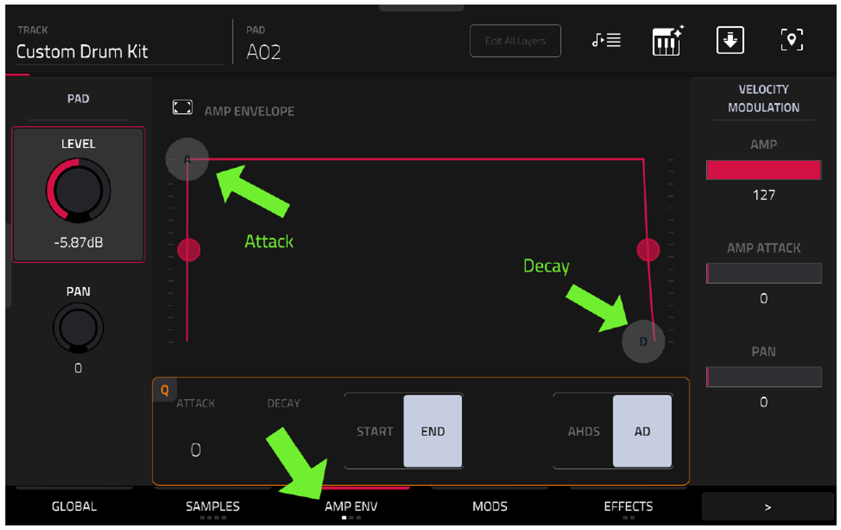 AMP ENV пэда A02: Attack, Decay и режим AD
